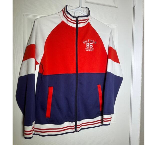 Tommy Hilfiger Jacket Zip Up Red White Blue Color Block women's SM or boys 16/18 - Picture 1 of 5